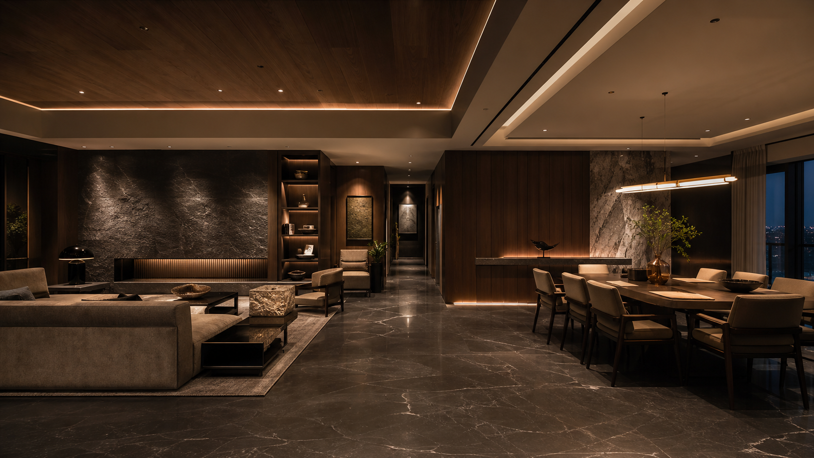 Luxury residence interior with warm stone, wood, and bronze detailing
